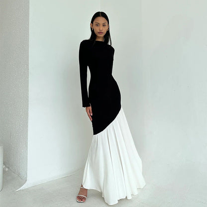 Robe maxi élégante et asymétrique pour dames avec des manches longues et des contrastes de couleurs Chic und Stil
