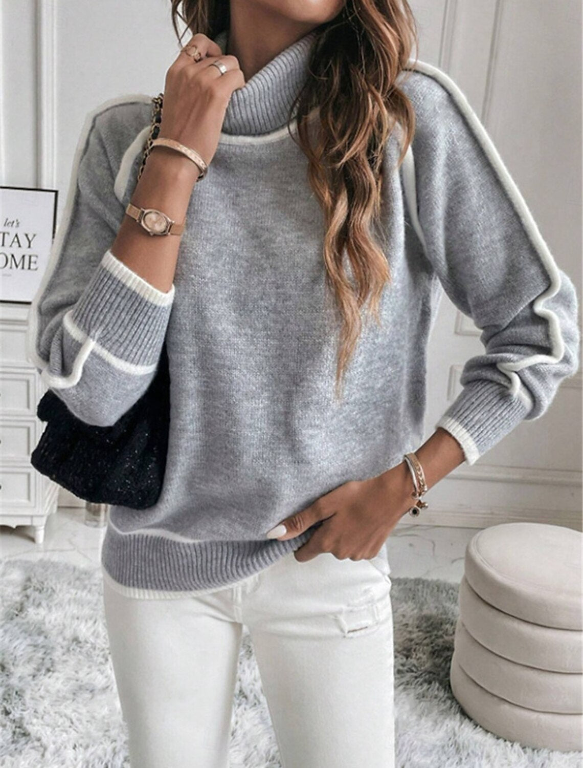 Pull-over à col roulé décontracté pour femmes avec des détails contrastés Chic und Stil