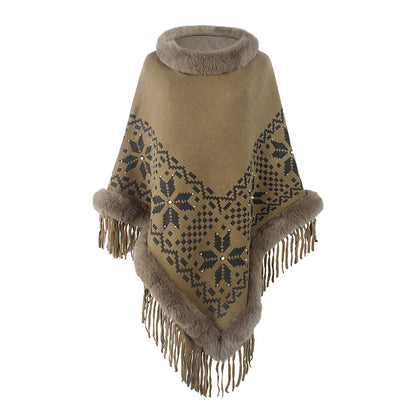 Elegant women's poncho with decorative fringe design and faux fur trim Chic and Style
