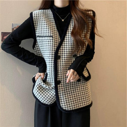 Dames élégant gilet en tricot à motif à carreaux Chic und Stil