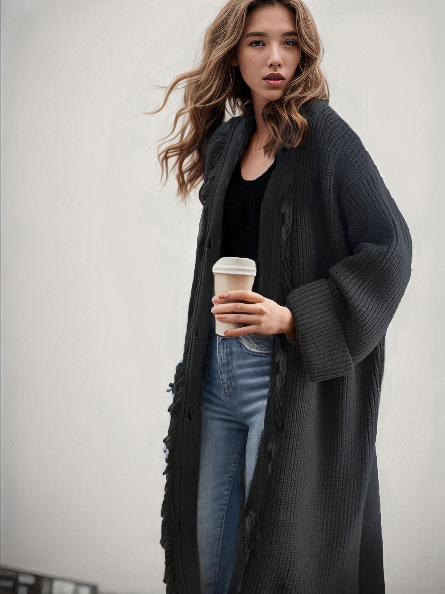 Dames gros tricot cardigan avec franges Chic und Stil
