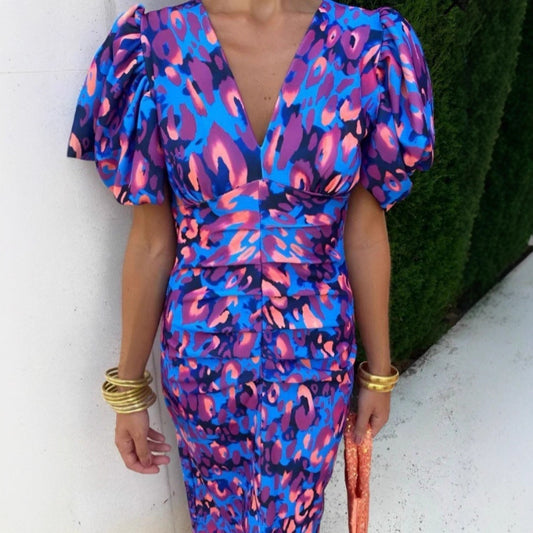 Robe midi femme avec des manches bouffantes excitantes et un décolleté en V profond Chic und Stil