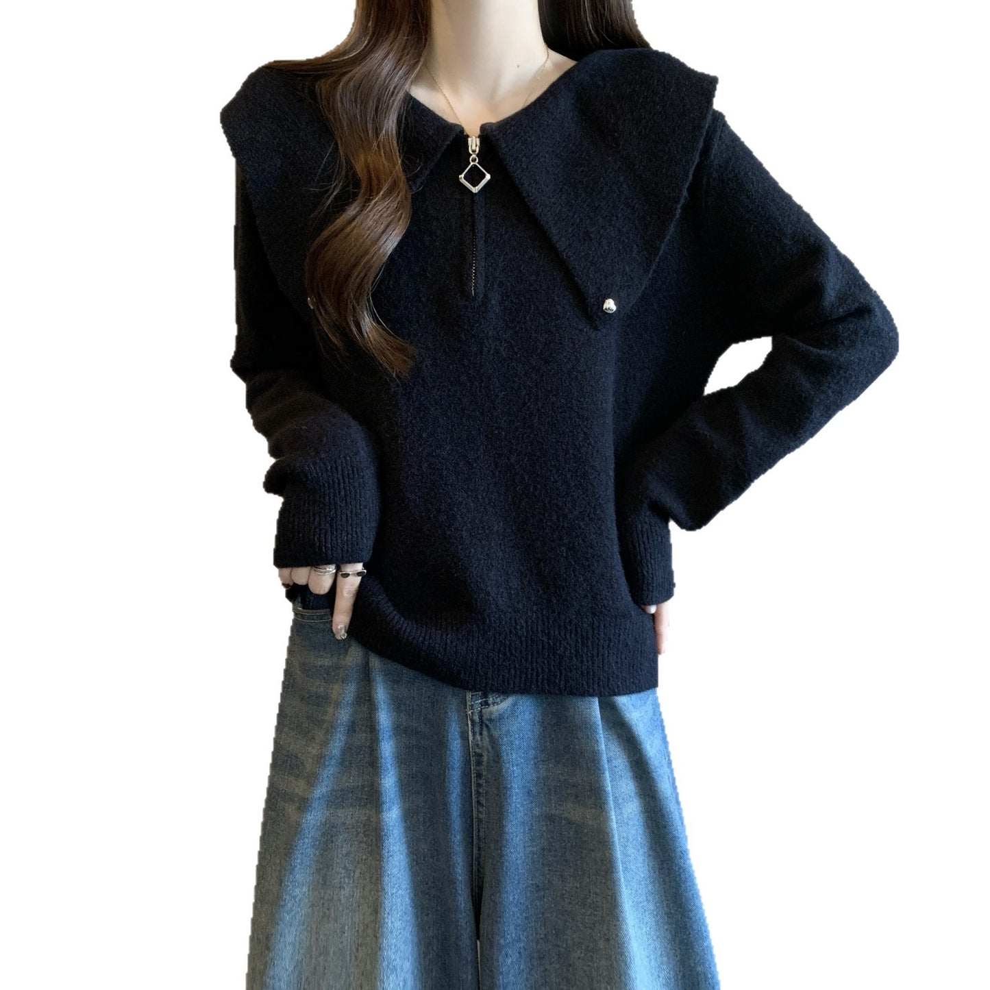 Dames pull tendance avec fermeture éclair originale et grand col Chic und Stil