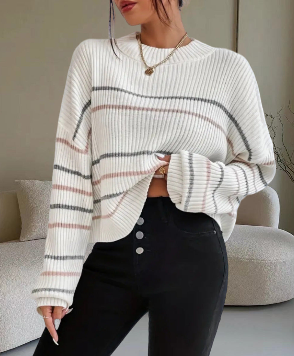 Dames Pull en tricot décontracté avec motif rayé à la mode Chic und Stil