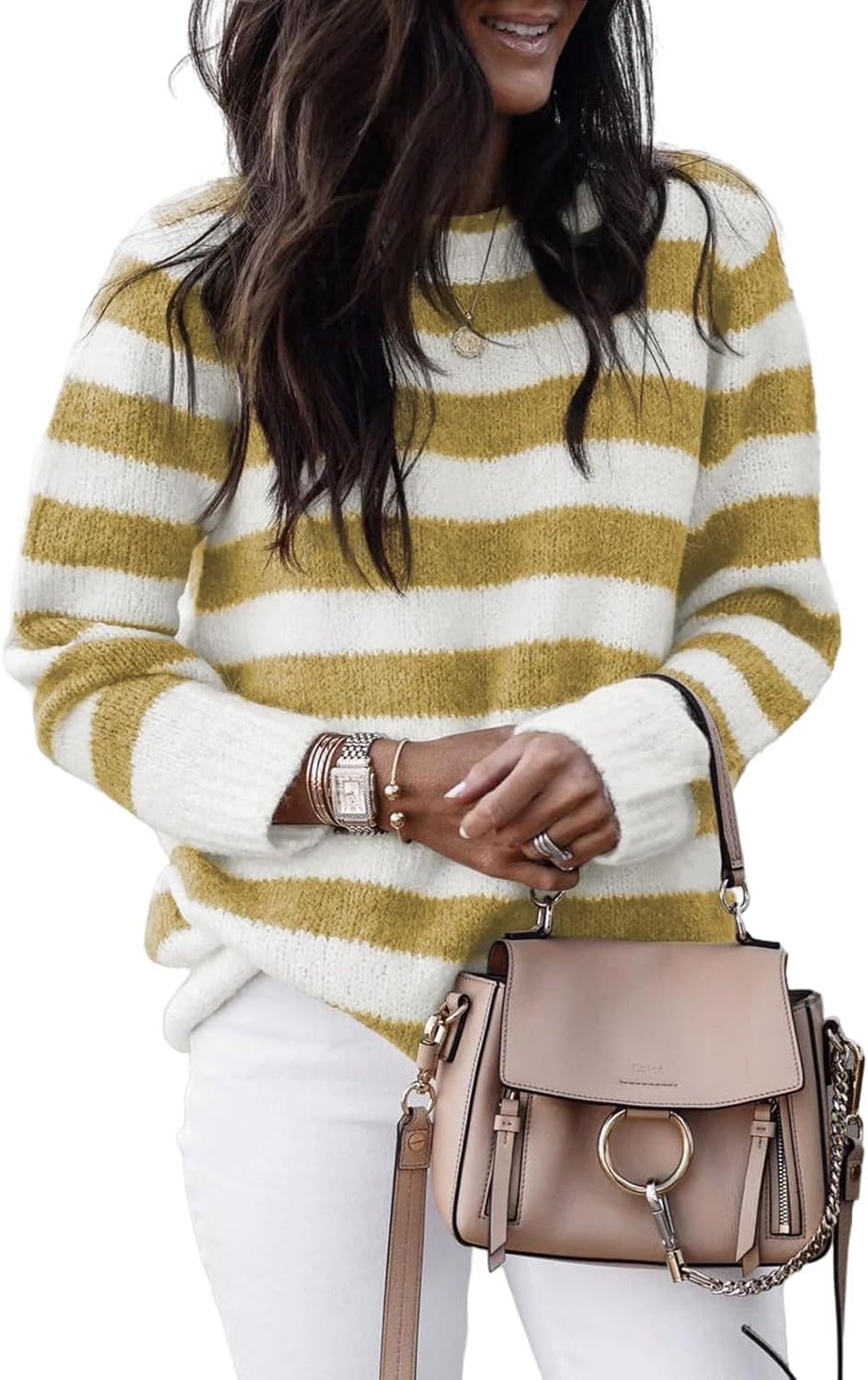 Pull en tricot décontracté pour femmes avec de larges rayures transversales Chic und Stil