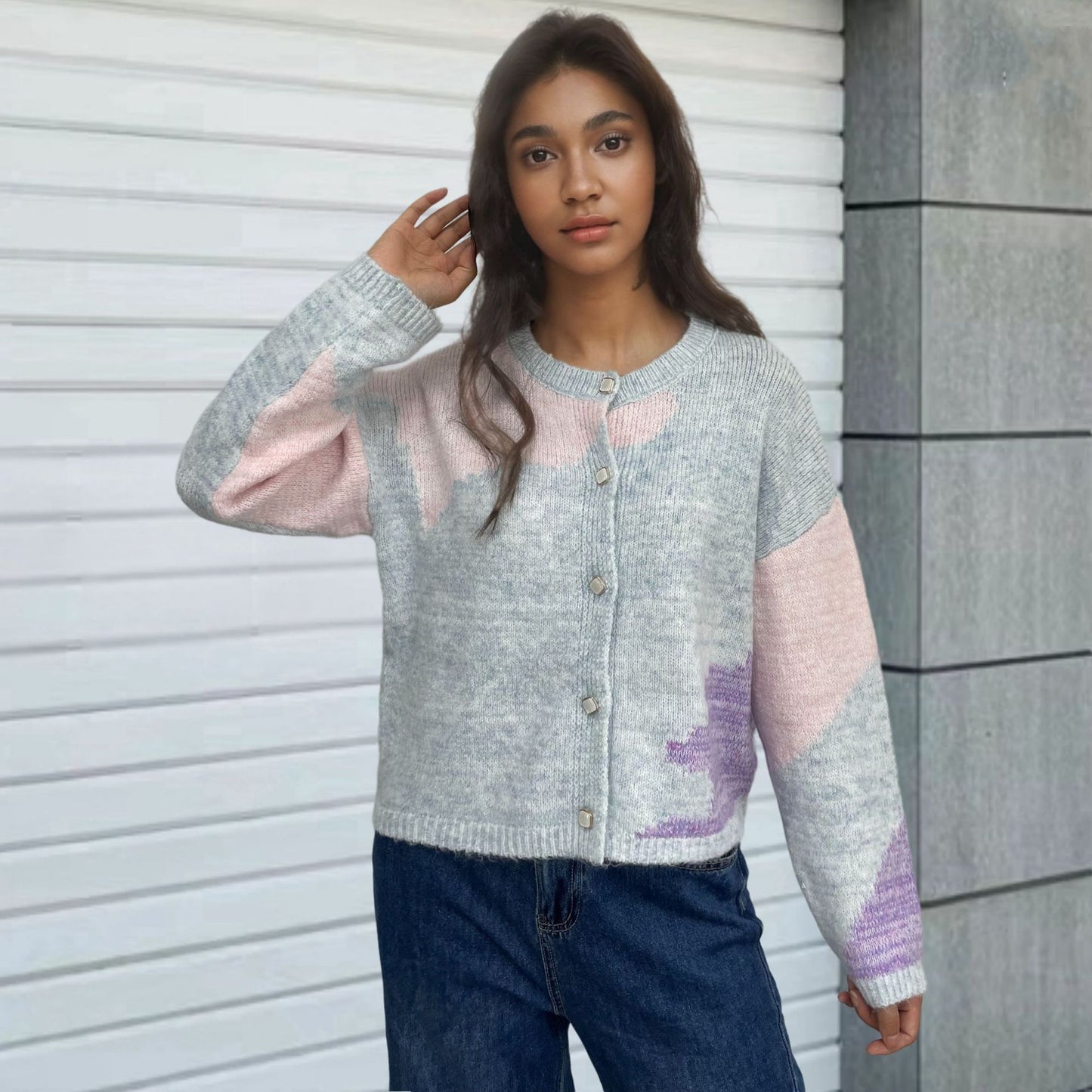 Dames Gros tricot Cardigan avec des éléments modernes de bloc de couleur Chic und Stil