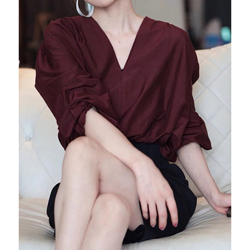 Blouse Élégante Femme à Col en V avec Manches Bouffantes Chic und Stil