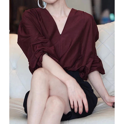 Blouse Élégante Femme à Col en V avec Manches Bouffantes Chic und Stil