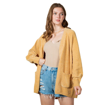 Dames Pull en tricot douillet avec poches latérales et devant ouvert Chic und Stil