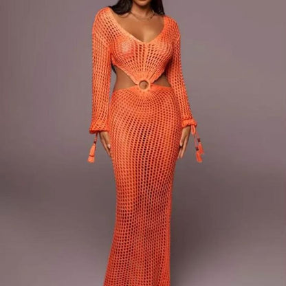 Robe maxi en crochet pour femmes avec des détails découpés et une ceinture décorative Chic und Stil