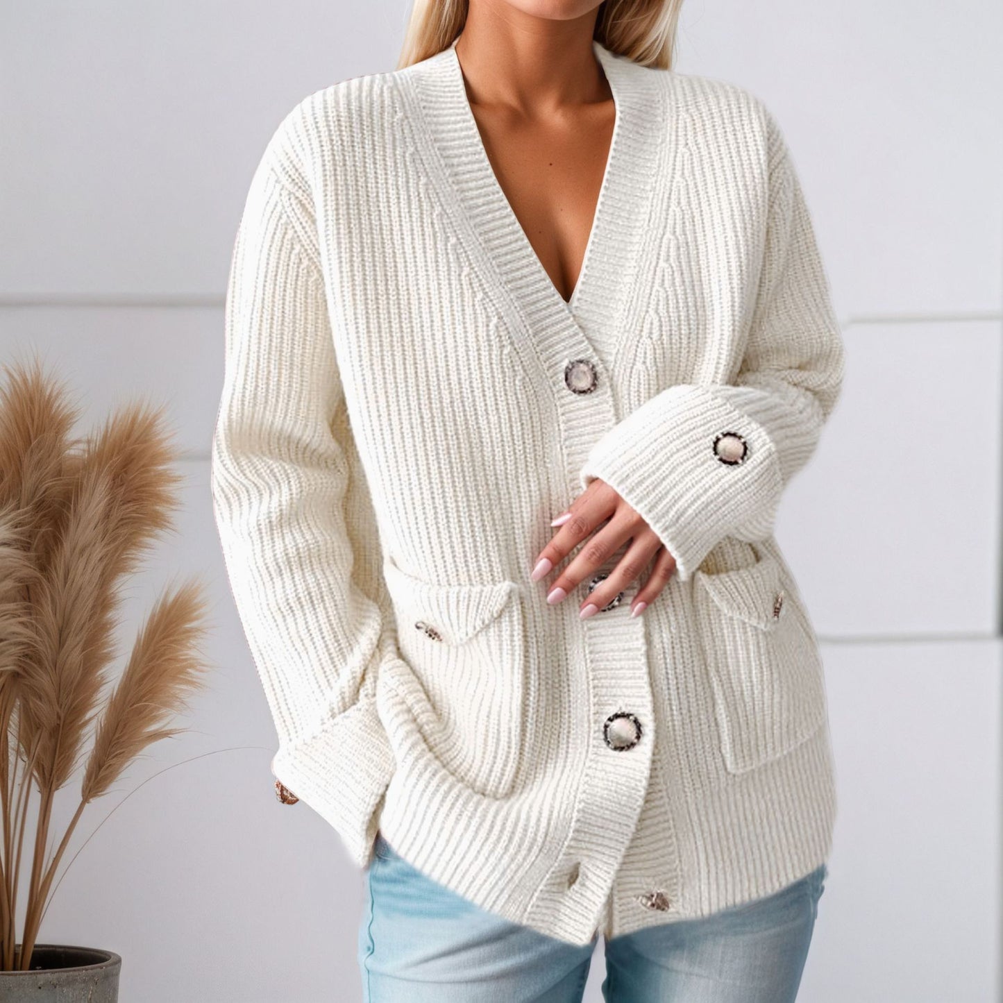 Cardigan en gros tricot pour femmes avec poches pratiques et détails de boutons élégants Chic und Stil