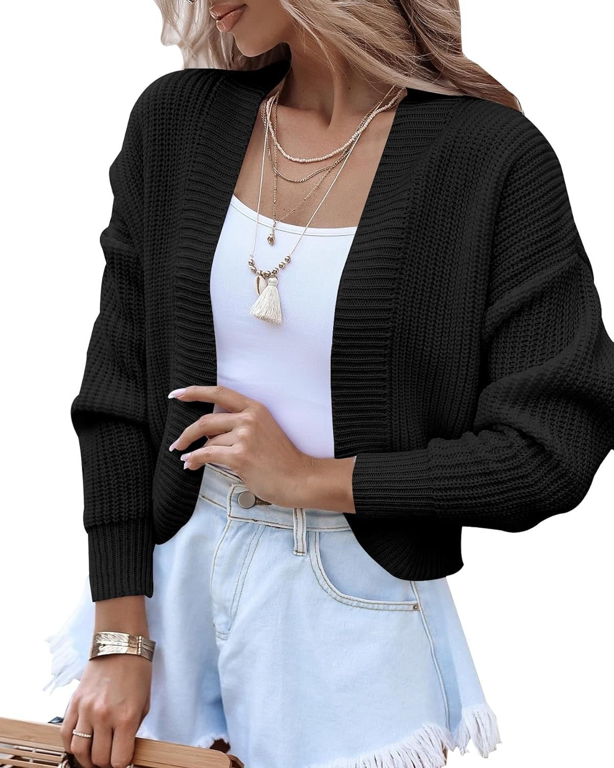 Cardigan en tricot décontracté pour femmes avec des manches volumineuses et une surface texturée Chic und Stil