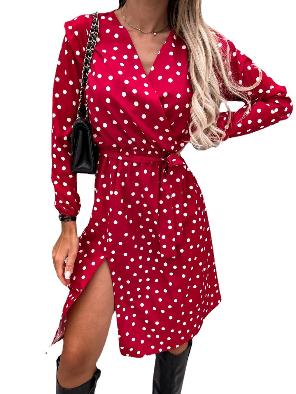 Women's Polka Dot Wrap Dress with High Slit Chic and Style