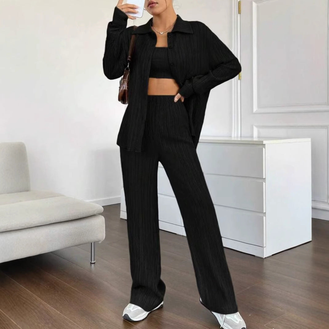 Dames Élégant Ensemble en blouse rayée et pantalon décontracté Chic und Stil