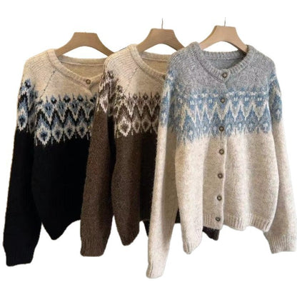 Dames gros tricot cardigan avec motif Fair-Isle géométrique et élégante patte de boutonnage Chic und Stil