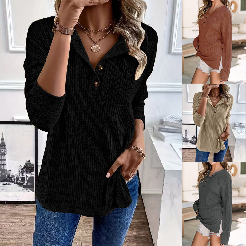 Pull ribbed de loisirs pour femmes avec patte de boutonnage et manches 3/4 Chic und Stil