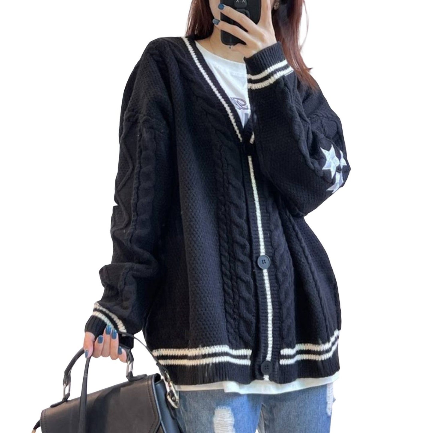 Dames gros pull cardigan avec des applications d'étoiles élégantes et des détails contrastants Chic und Stil