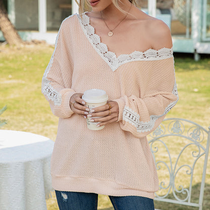 Pull décontracté pour femme avec dentelle et décolleté en V Chic und Stil