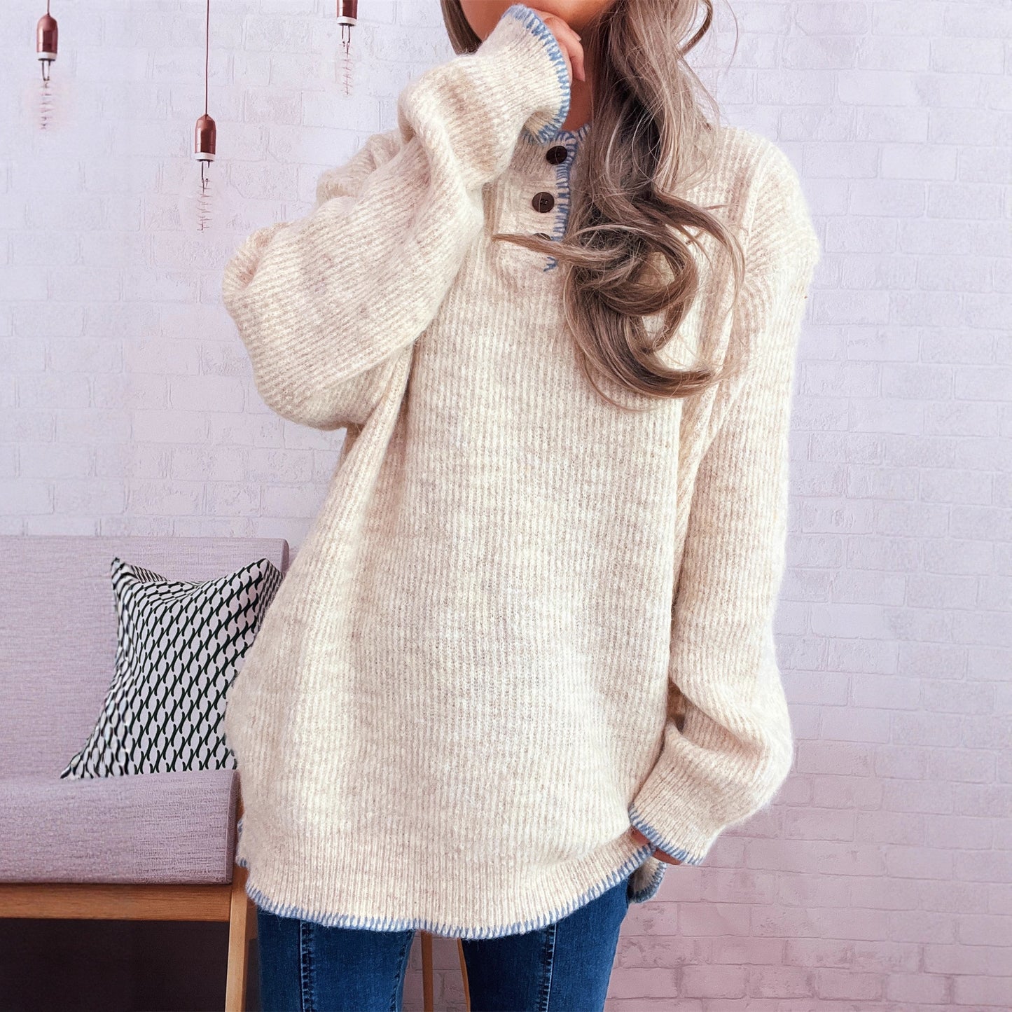 Pull en tricot oversize pour dames avec patte de boutonnage Chic und Stil