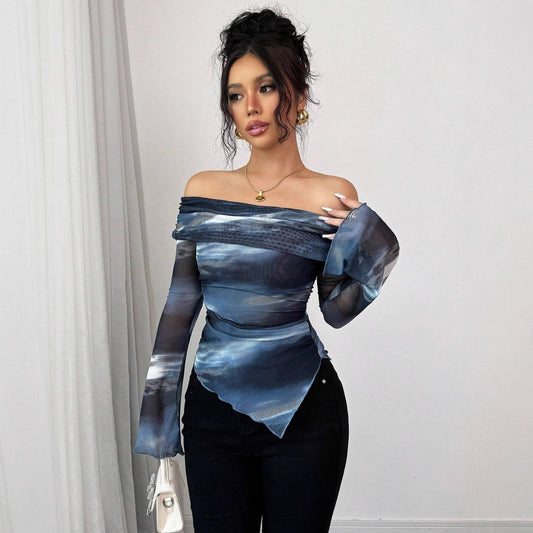 Chemisier femme à épaules dénudées avec des éléments transparents floraux et une coupe asymétrique Chic und Stil