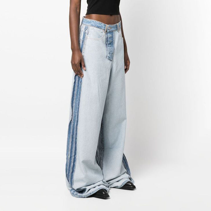 Ladies Wide Denim Pants with Contrasting Inserts Chic and Style