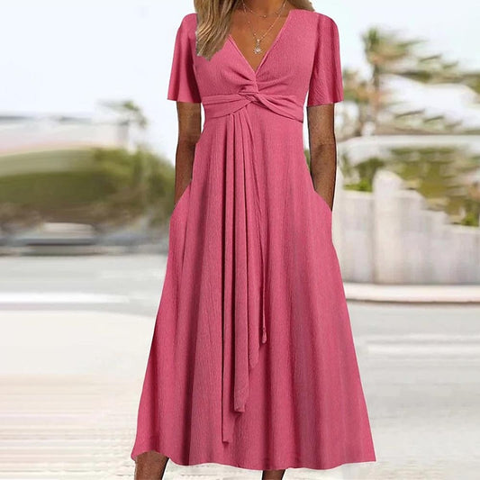 Robe midi à nœud tourné à col en V pour femmes avec poches Chic und Stil