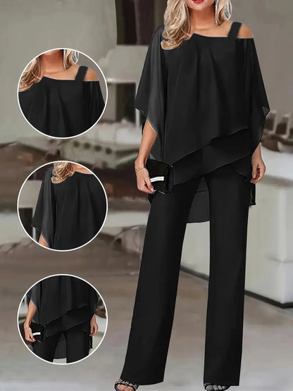 Dames Ensemble Élégant Deux Pièces avec Haut Fluide et Pantalon Évasé Chic und Stil