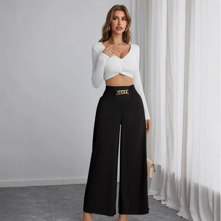 High-waisted wide-leg pants for women with decorative elastic and a trendy belt Chic and Style
