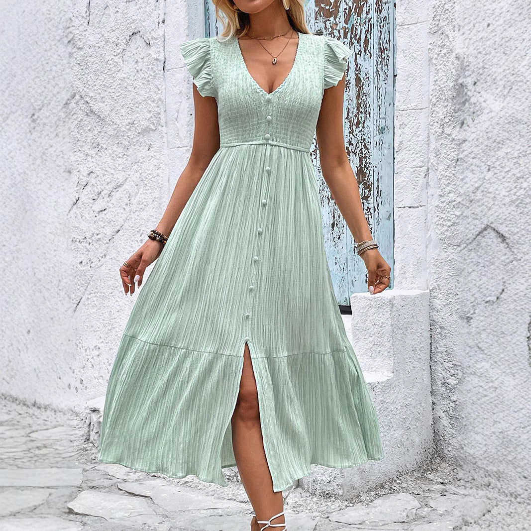 Robe mi-longue à décolleté en V fluide pour femmes avec ourlets à volants Chic und Stil