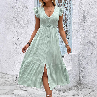 Robe mi-longue à décolleté en V fluide pour femmes avec ourlets à volants Chic und Stil