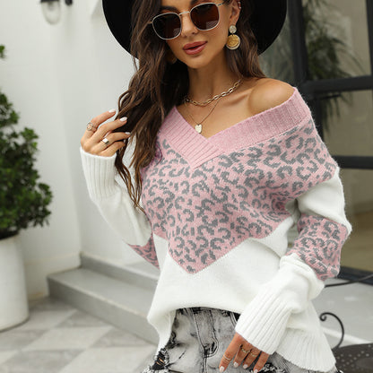 Pull femme en tricot avec décolleté en V et motif léopard coloré Chic und Stil