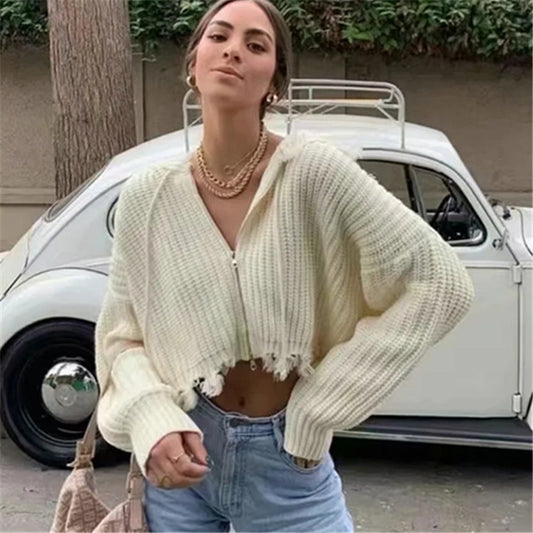 Dame pull à capuche ample avec capuche surdimensionnée et franges Chic und Stil