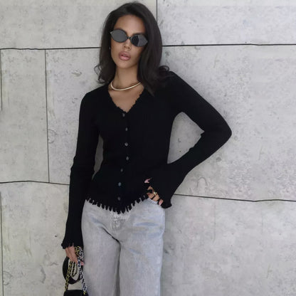 Dames Cardigan côtelé avec détails en volants Chic und Stil