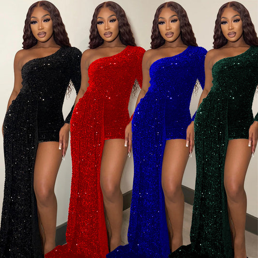 Robe de soirée élégante à paillettes à une épaule pour femmes Chic und Stil
