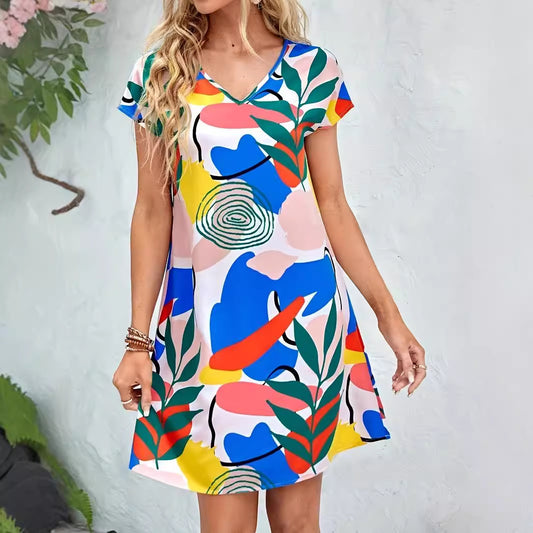 Robe de loisirs femme avec motif abstrait coloré et décolleté en V Chic und Stil