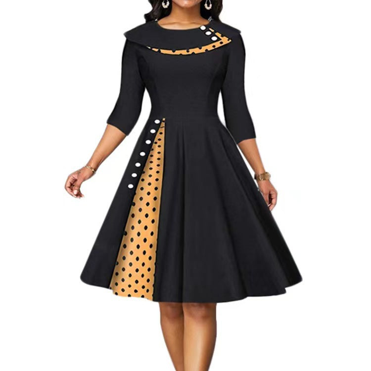 Femme Élégante Midi-Robe à Pois et Détail de Contraste Latéral Chic und Stil