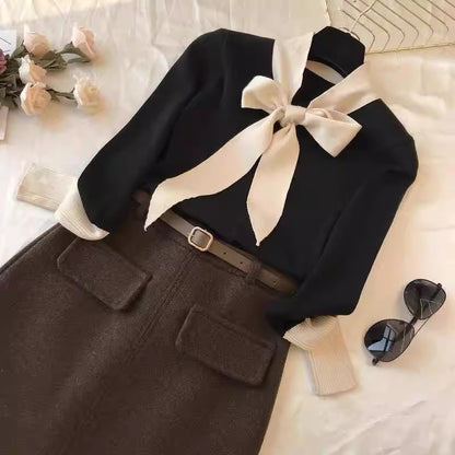 Ensemble de pull chic avec nœud papillon et jupe crayon Chic und Stil