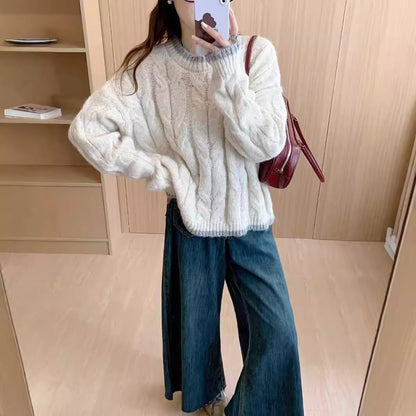 Dames grosse tricot pull avec motif en torsades et encolure ronde Chic und Stil