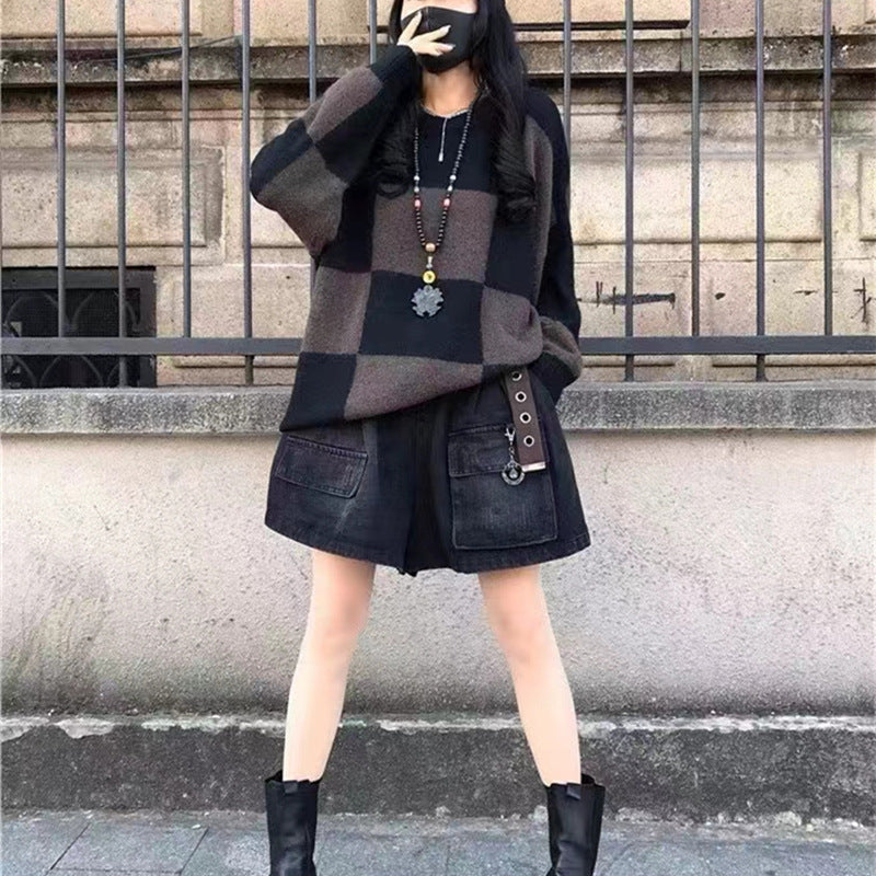 Pull en grosse maille décontracté pour femmes au design moderne à carreaux Chic und Stil