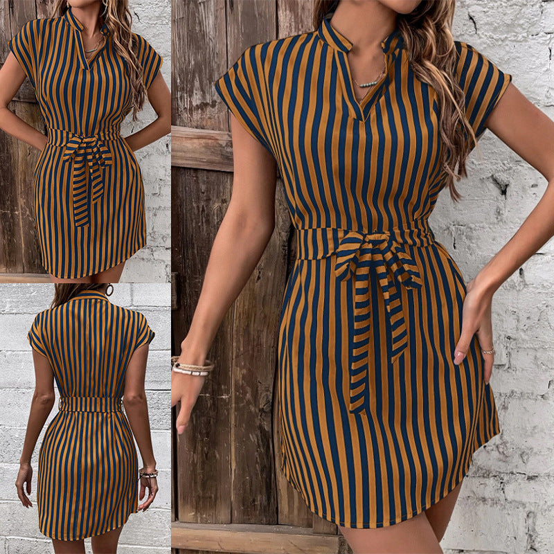 Women's Short Sleeve Shirt Dress with Tie Belt and Elegant Chic and Style Stripe