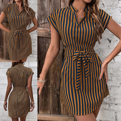 Women's Short Sleeve Shirt Dress with Tie Belt and Elegant Chic and Style Stripe
