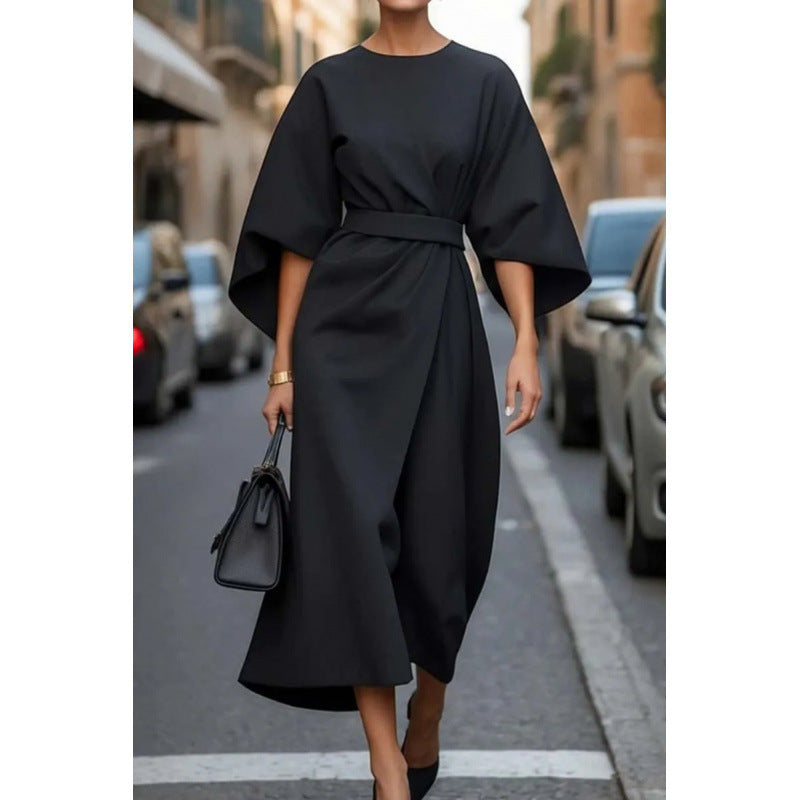 Dames Élégante Robe Maxi avec Manches Amples et Ceinture Cintrée Chic und Stil