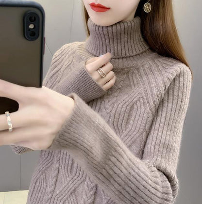 Women's turtleneck pullover with textured cable knit pattern and long sleeves Chic and Style