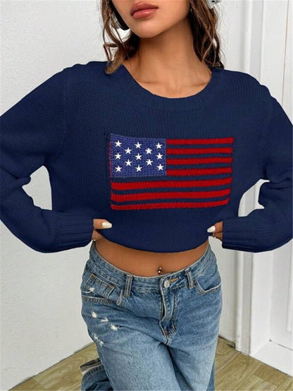 Pull crop décontracté pour femmes avec motif de drapeau et tricot texturé Chic und Stil