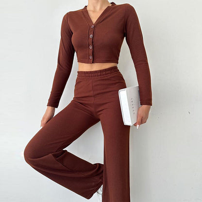 Casual women's set in ribbed fabric with crop top and wide pants Chic and Style