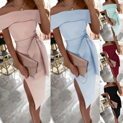 Robe bodycon élégante pour femmes à épaules dénudées avec fente latérale et détail de nœud Chic und Stil