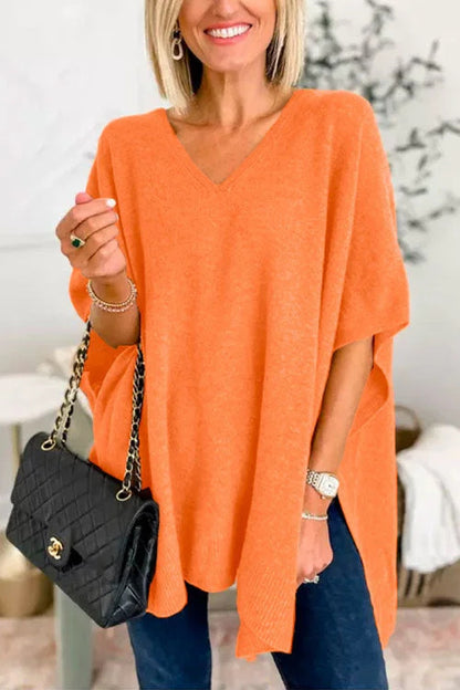 Pull V pour femmes en tricot fin avec des manches larges et un style décontracté Chic und Stil