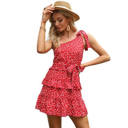 Femme Robe Mini Volante à Une Épaule avec Détail de Nœud Réglable Chic und Stil