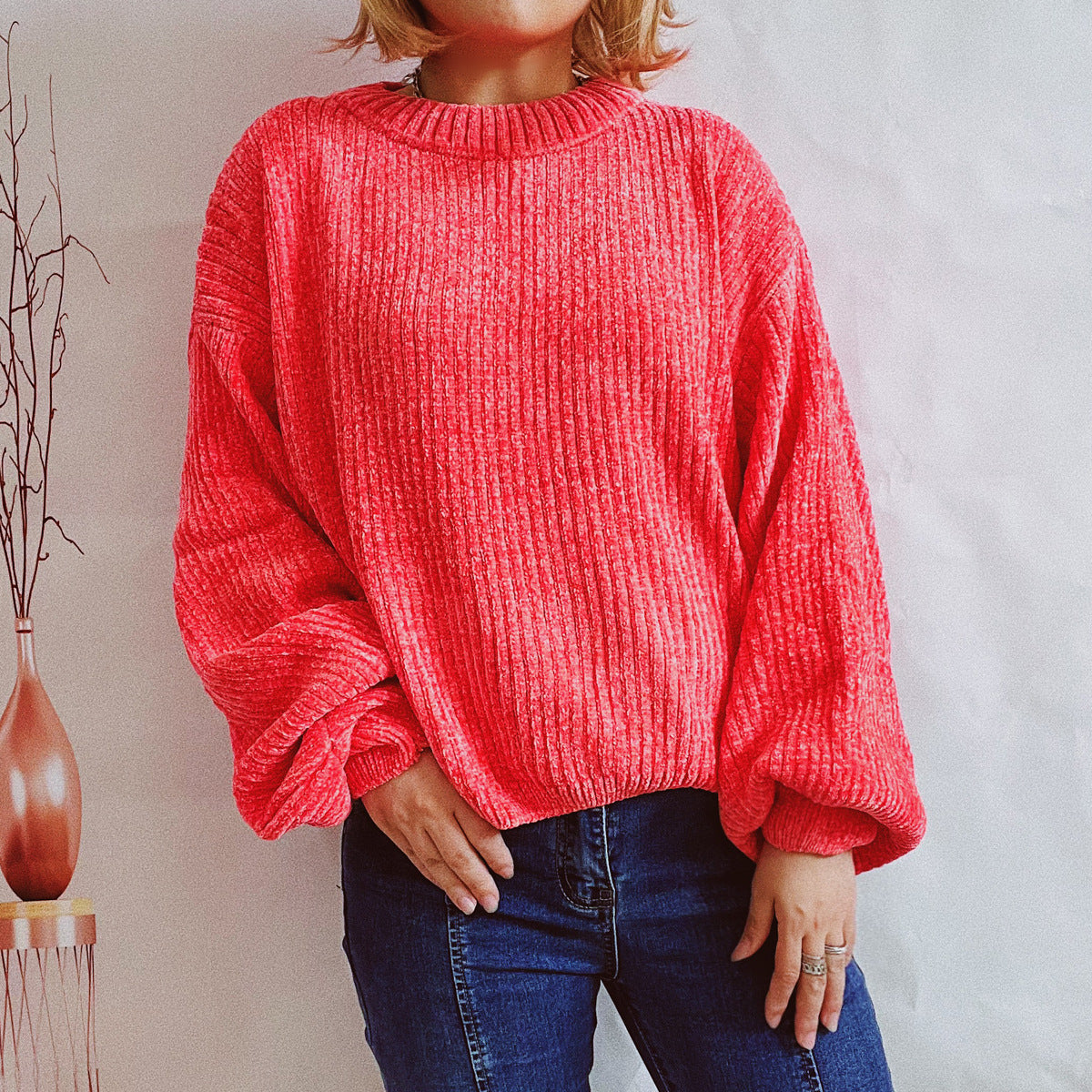 Pull femme en grosse maille avec un motif de côtes romantique et des manches larges Chic und Stil