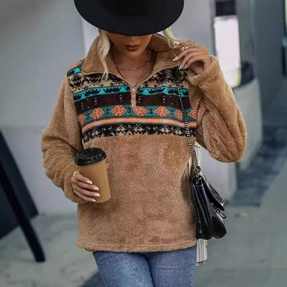 Pull-over en fleece pour femmes avec motif floral et zip demi-haut pratique Chic und Stil